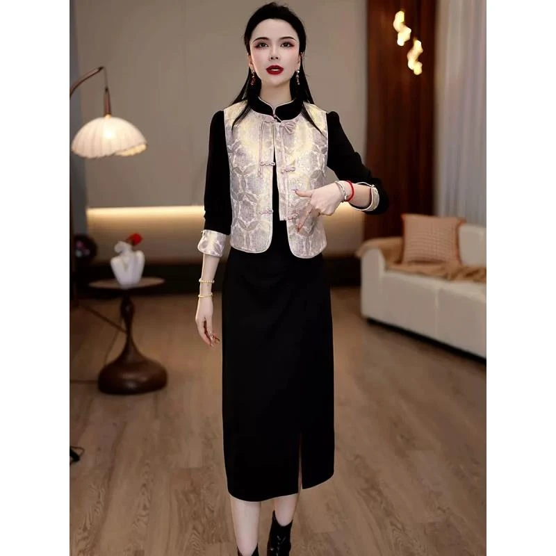 2025春季新款立领黑色简约质感旗袍连衣裙+精致国风马甲真两件套