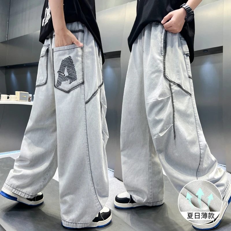 男童夏装裤子2025新款中大童男孩夏季薄款弯刀牛仔裤儿童装防蚊裤