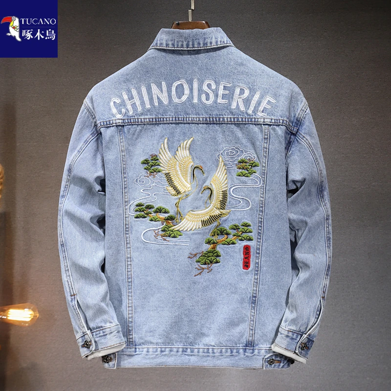 啄木鸟国潮牛仔外套男春季新款潮流重工刺绣宽松休闲欧美工装夹克
