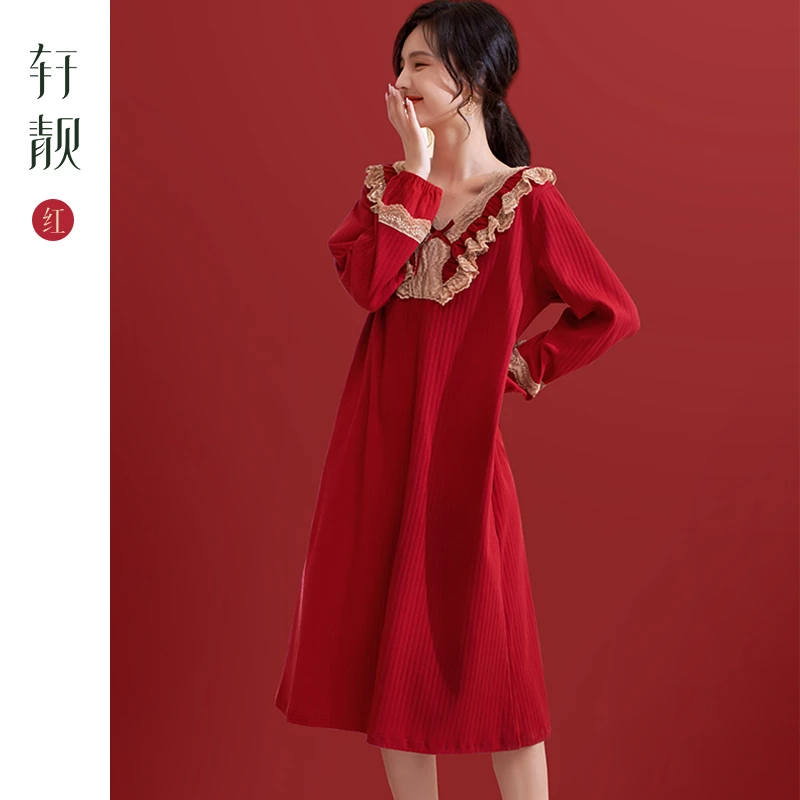 红色本命年睡裙女春秋季纯棉长袖2025新款睡衣家居服秋天新娘裙子