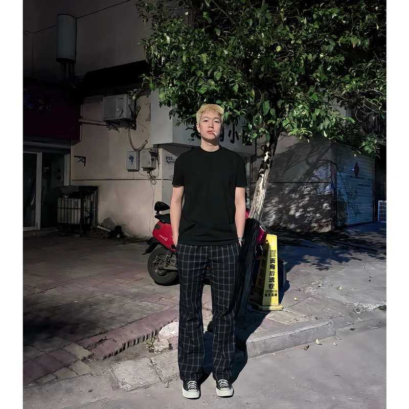 何以至此美式复古格子休闲裤男款夏季vintage宽松直筒弯刀微喇裤