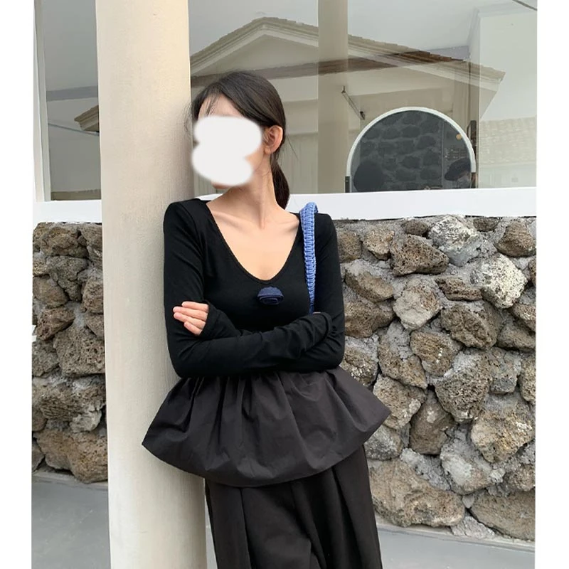 2025年春秋季新款长袖女装上衣T恤时尚百搭显瘦小众设计感韩版潮