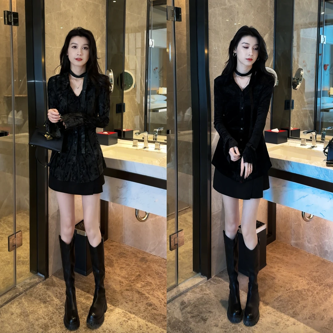 新款墨绿小众气质时尚长袖高级显瘦衬衫+短裙套装两件套