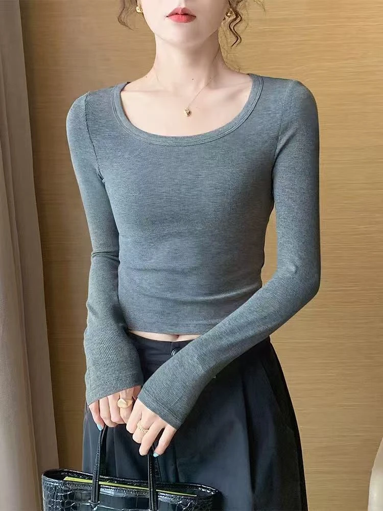 长袖女纯色女士修身长袖T恤紧身内搭ins短款修身5005#