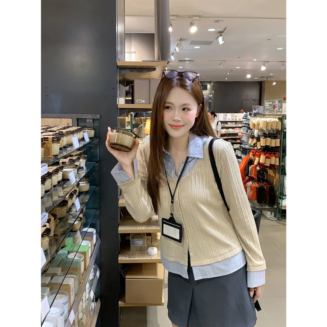 现货大婉酱千千微胖定制 假两件衬衫秋季收腰显瘦条纹针织衫1166X