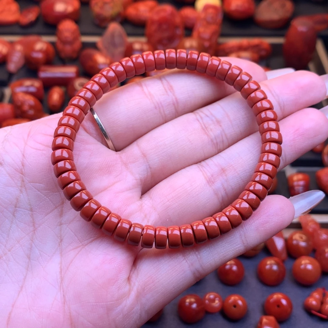 南红玛瑙未镶嵌川料原矿精工药片手串6.4mm