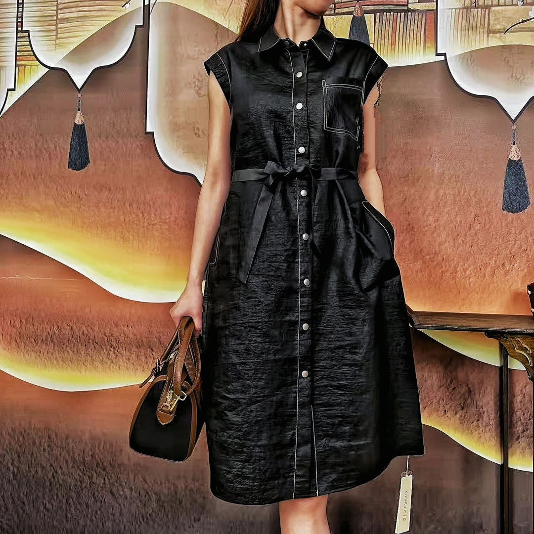 【牛仔无袖连衣裙】100%桑蚕丝黑龟裂纹明线背心连衣裙子xzh1789