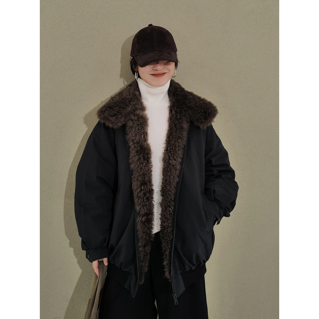 90白鹅绒+毛领 黑色女派克羽绒服中长外套夹克141500