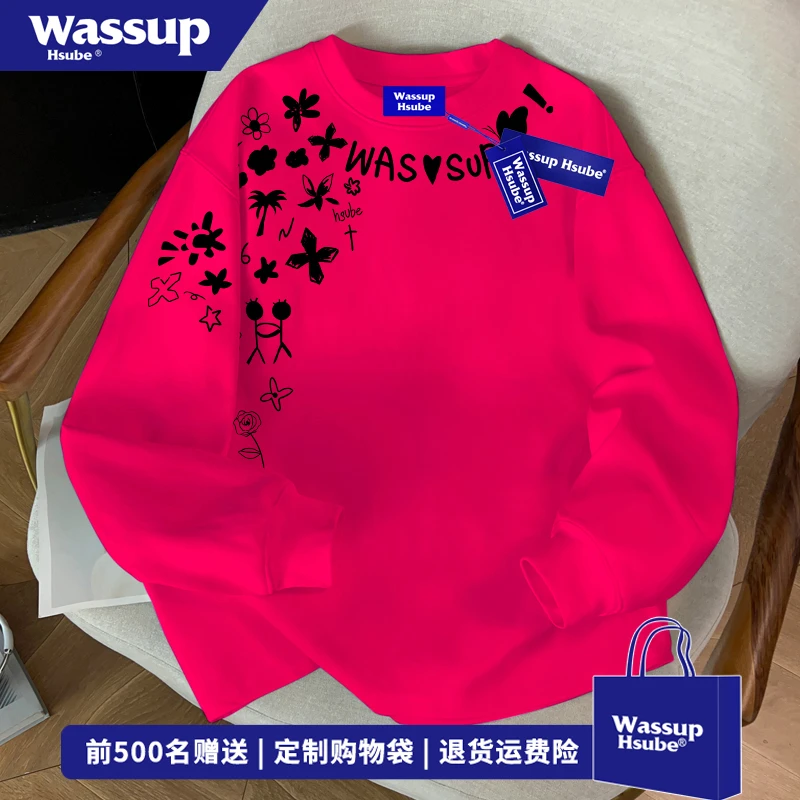 WASSUP HSUBE潮牌涂鸦花卉印花纯棉打底上衣男女秋季宽松长袖T恤
