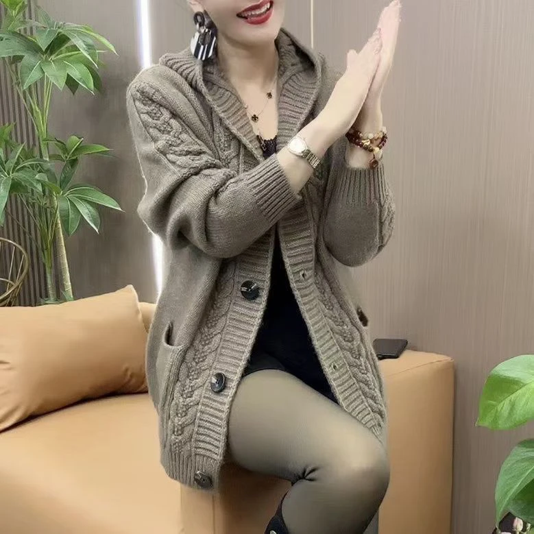 常规款褶皱厚款连帽宽松毛针织衫秋冬上衣春秋加厚