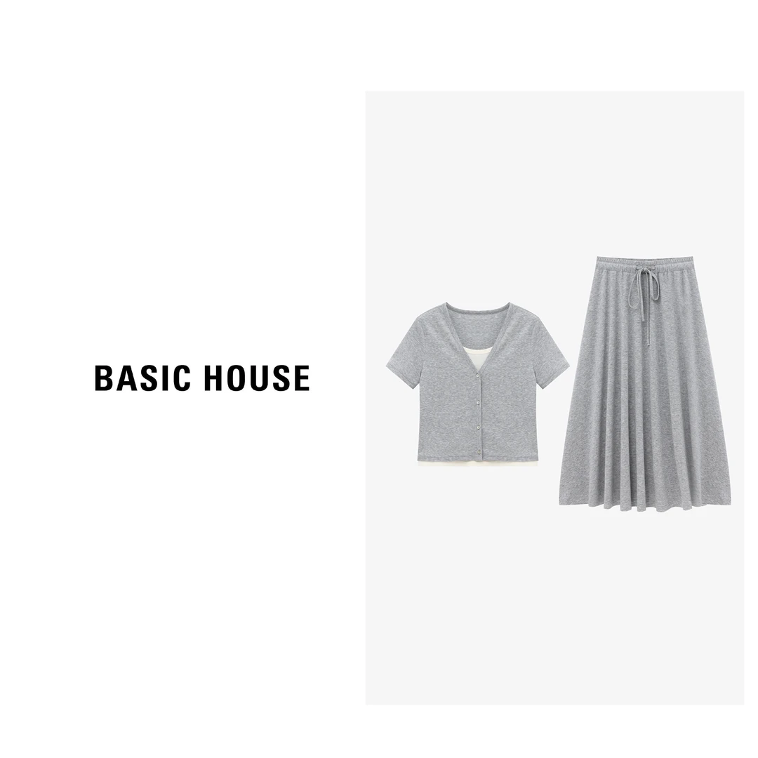 Basic House/百家好时尚显瘦拼接假两件短袖半裙套装-B0625B5AJS2