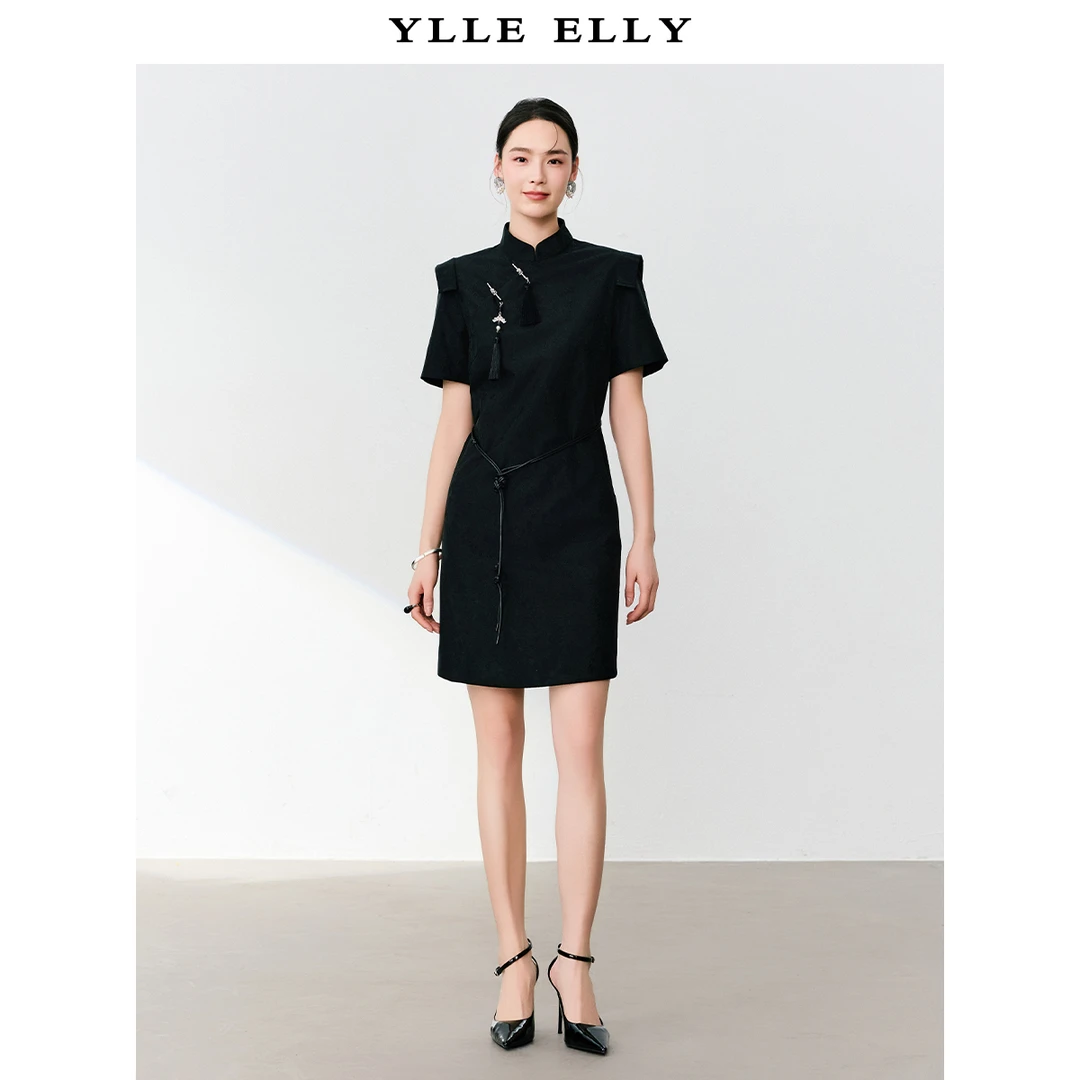 新中式连衣裙夏季新款旗袍领盘扣立体浮提花裙子Y534110402