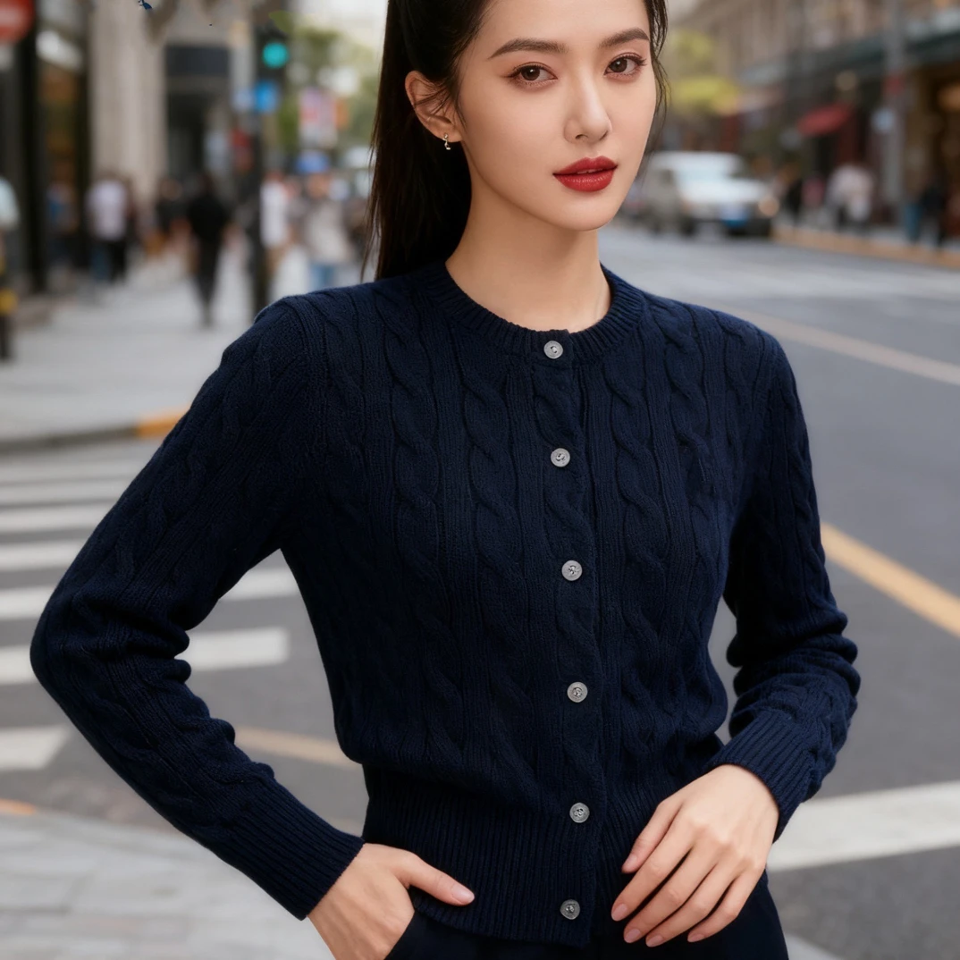 麻花针织开衫女圆领长袖通勤外套