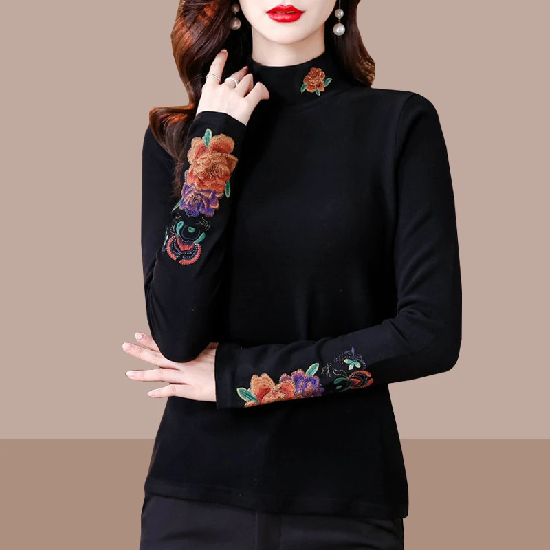 2025年春秋冬新款半高领弹力内搭上衣新中式复古重工刺绣女士打底