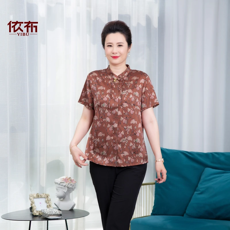 桑蚕丝衬衫短款印花圆翻领妈妈国风中老年时尚上衣气质衬衫夏季