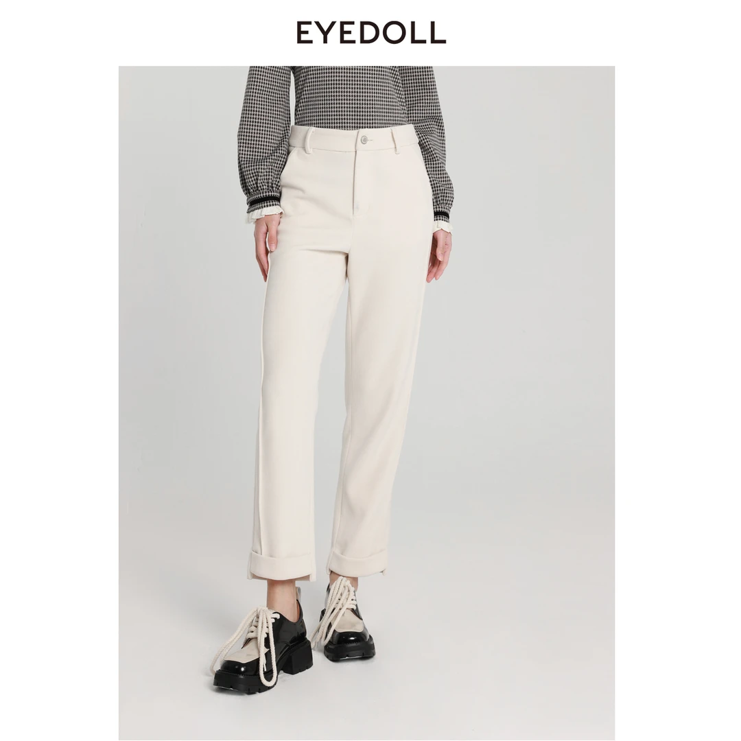 EYEDOLL【商场同款】23冬季新款休闲百搭设计感侧拼接缝米色长裤