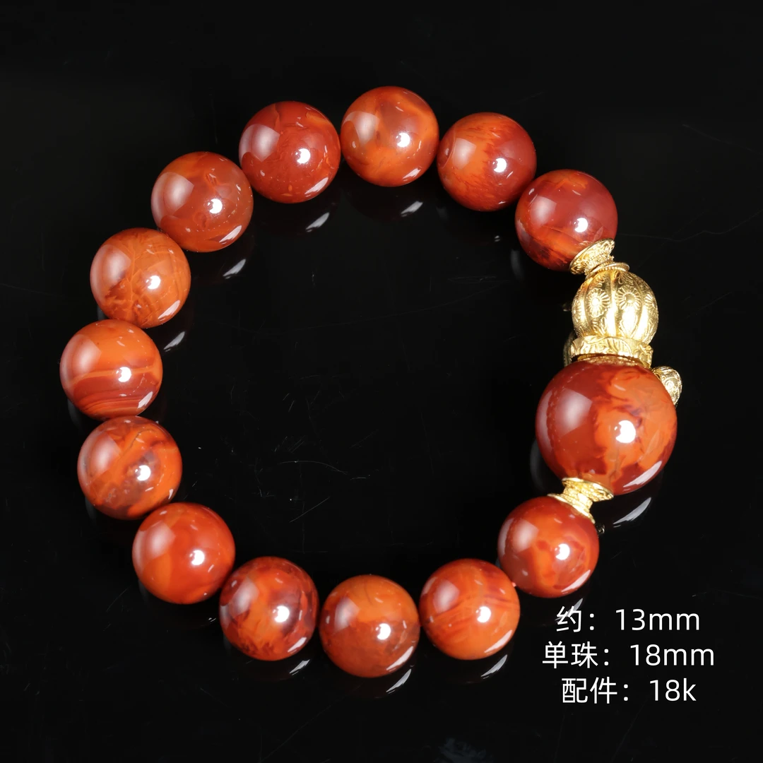 本真 | “清心”严选精品天然原矿南红18k金火焰纹13mm手串