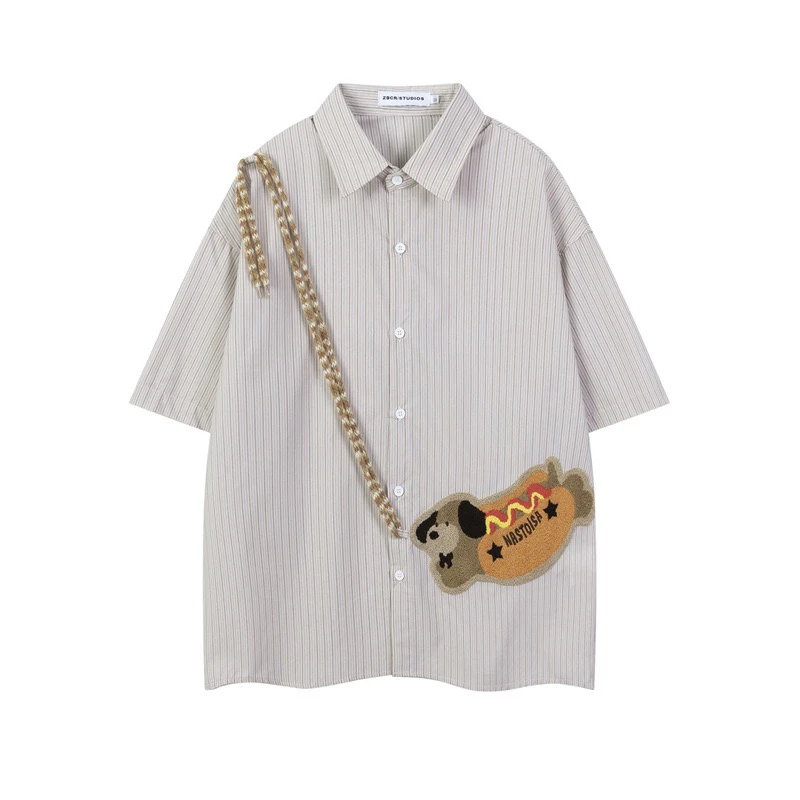 美式复古贴布刺绣短袖衬衫男女vintage挂件假包狗狗情侣上衣