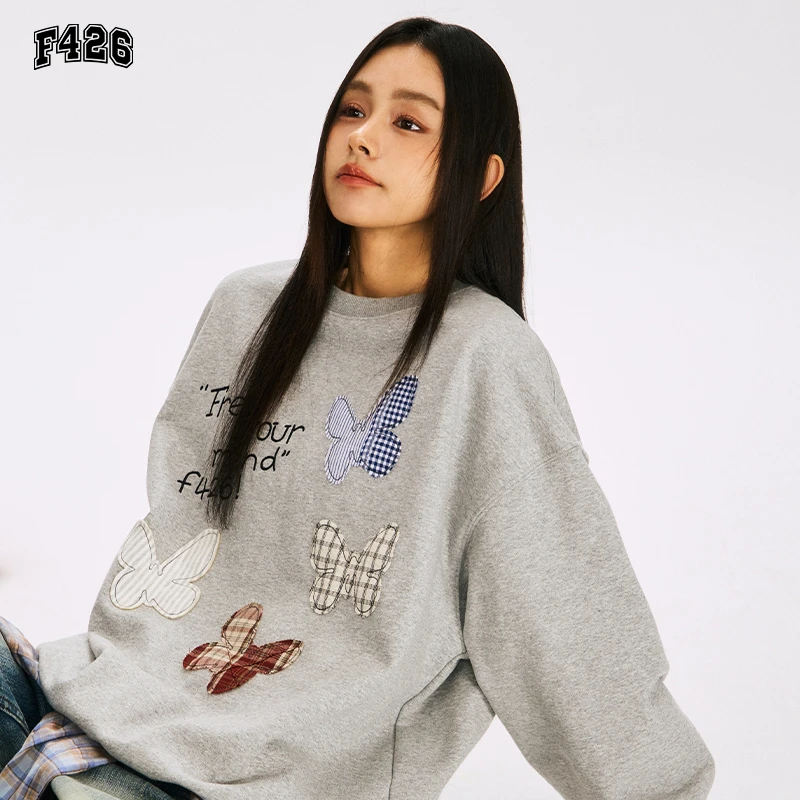 国潮【春新品】彩色蝴蝶剪影格子贴布圆领卫衣不加绒宽松百搭XH