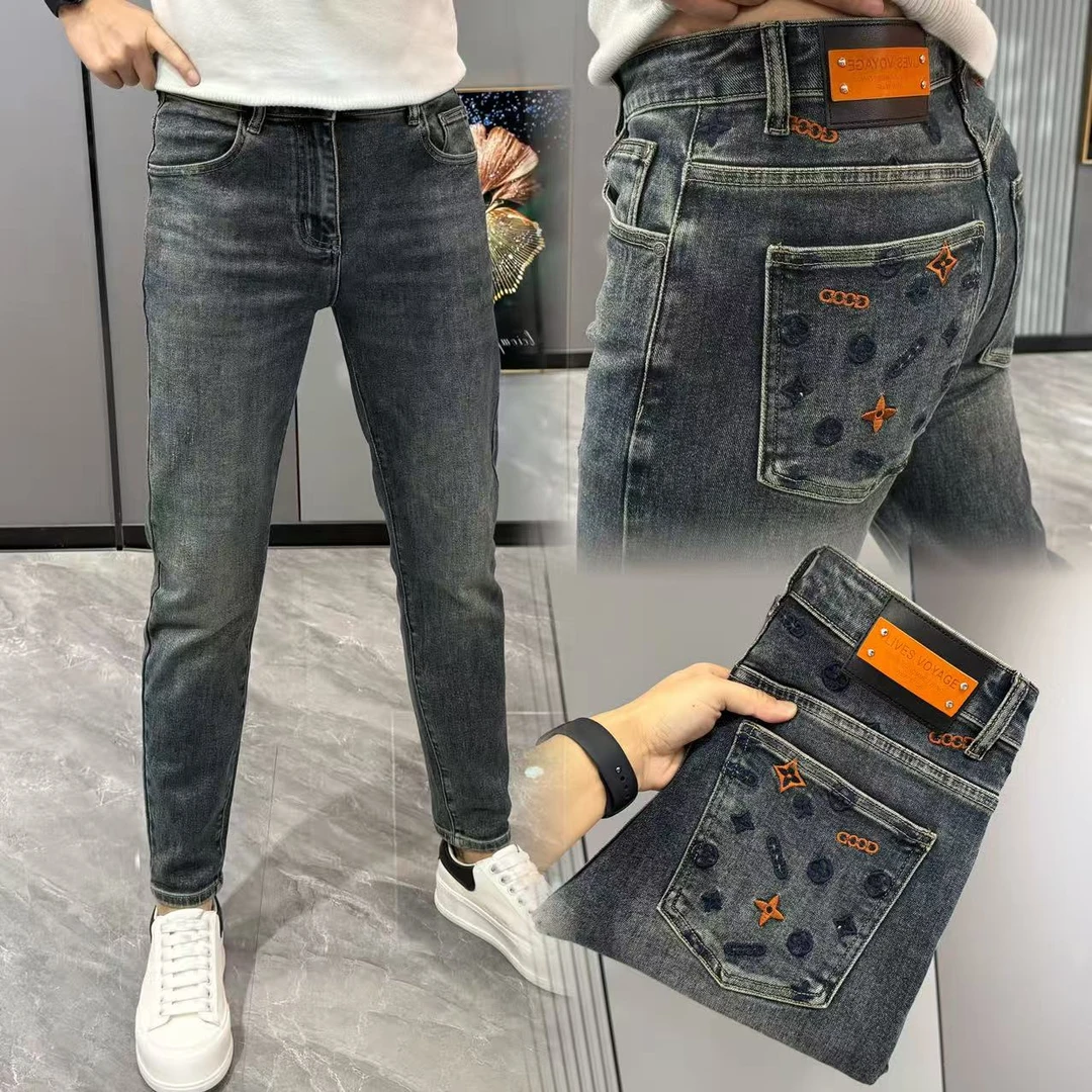 裤子男复古水洗牛仔裤男款潮流裤兜刺绣小脚裤男弹力修身长裤帅气