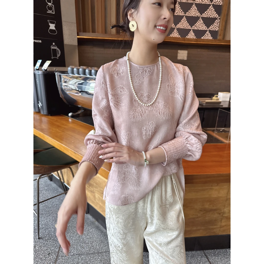 【深圳罗依】原创真丝衬衫女桑蚕丝花萝扎染欧若风宽松圆领长袖上衣