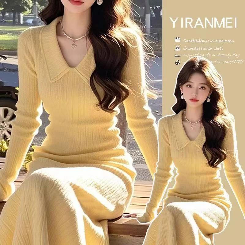 淡黄的长裙polo针织哺乳连衣裙秋冬2025新款法式气质内搭打底长裙