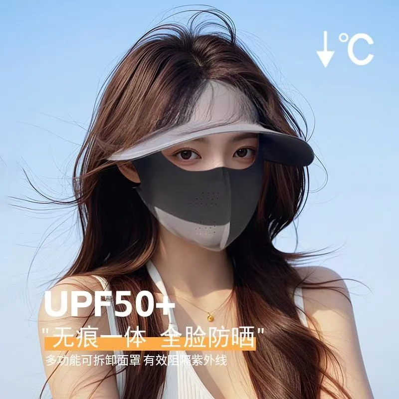 可拆卸带帽檐防晒面罩全脸护颈一体防紫外线女遮阳脸基尼冰丝口罩