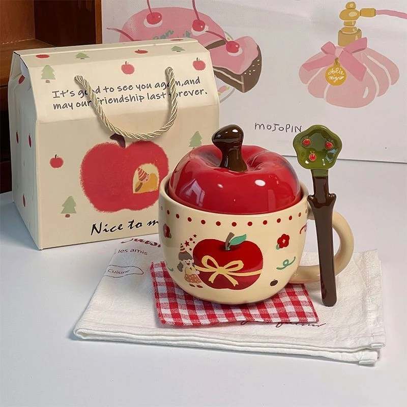 生日礼物女可爱苹果高颜值马克杯带盖勺喝水陶瓷水杯子教师节TTH