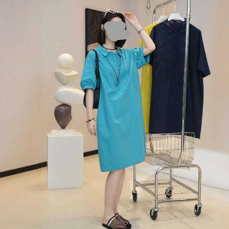 气质休闲polo领泡泡袖连衣裙女2025夏季百搭宽松显瘦中长款衬衫裙
