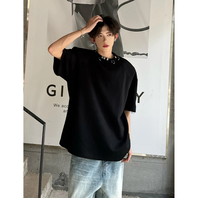 金属环正肩重磅320g短袖T恤男夏季美式高街潮牌宽松男士t恤短袖