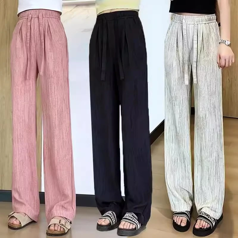 冰丝阔腿裤女夏季2025新款高腰修身抽绳肌理感慵懒美式休闲拖地裤