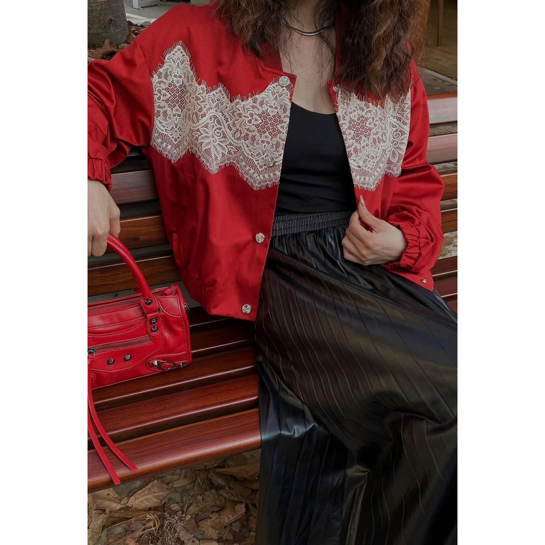 KIKI严选：W130-LD家欧洲站南油秋季新款拼蕾丝立领短外套