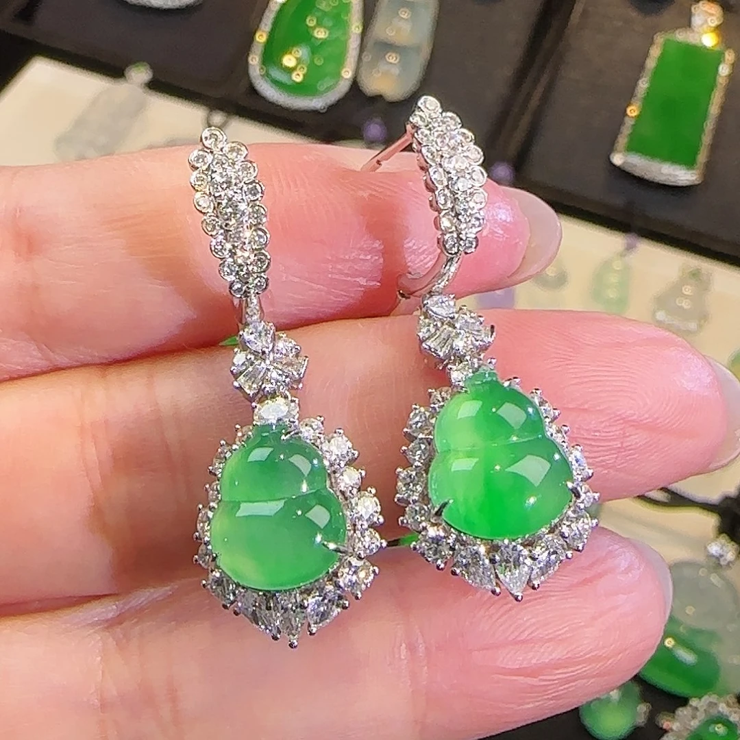 翡翠18K金镶嵌耳饰定金链接葫芦耳坠小六