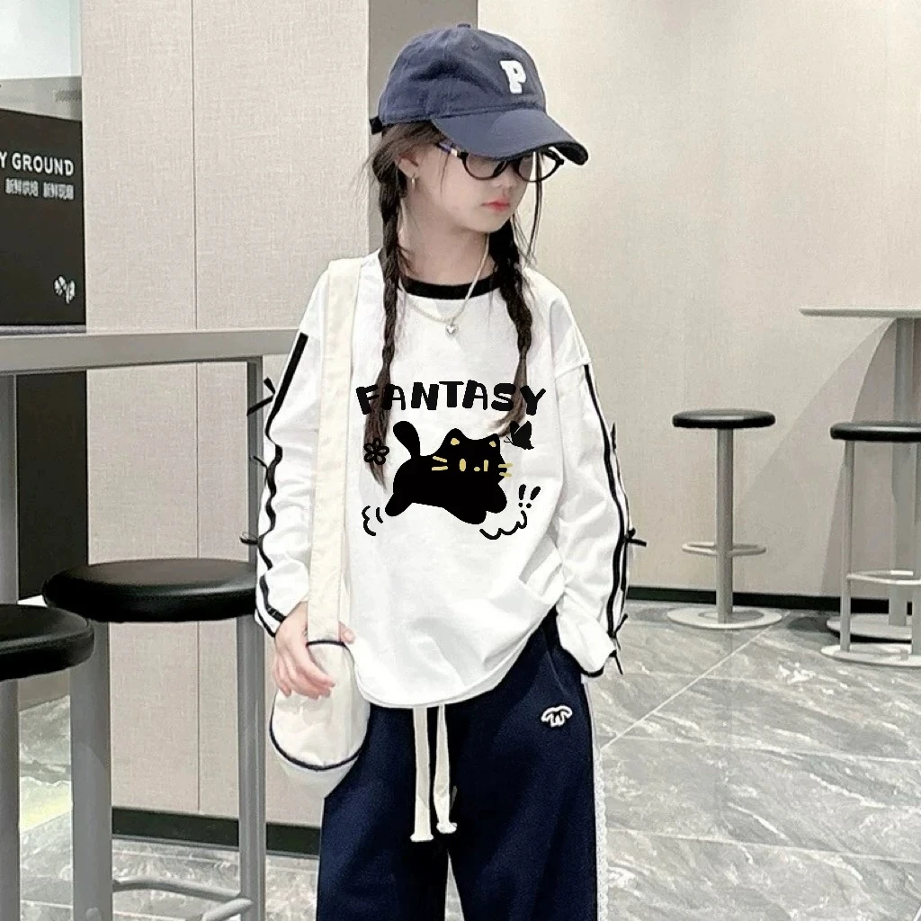 女童纯棉100%长袖T恤2025春秋新款儿童洋气百搭上衣中大童打底衫