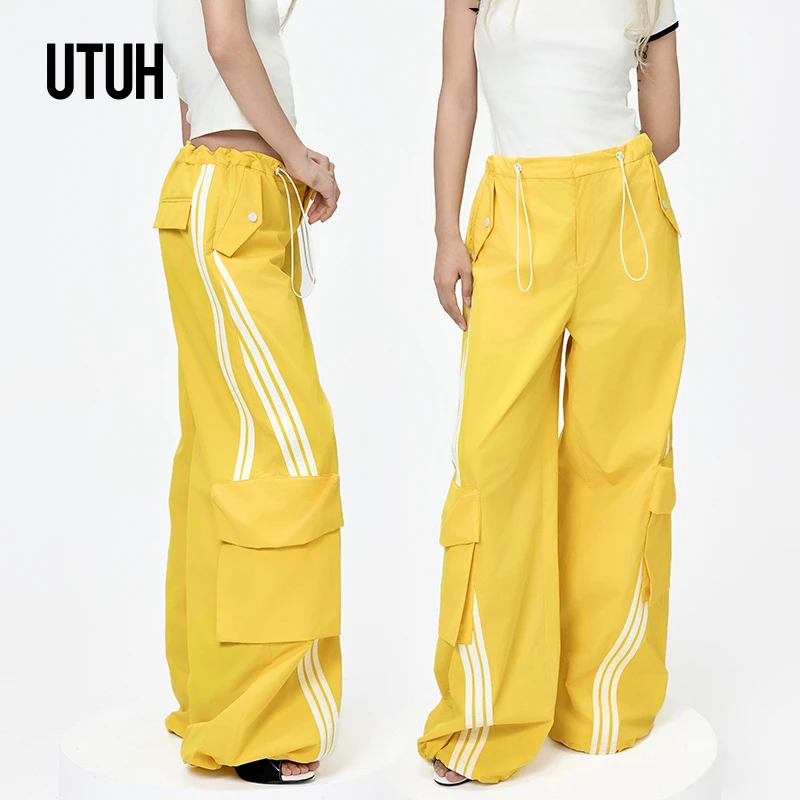 UTUH 黄色高街休闲撞色贴条设计立体口袋松紧腰工装裤 TDWWR1K090