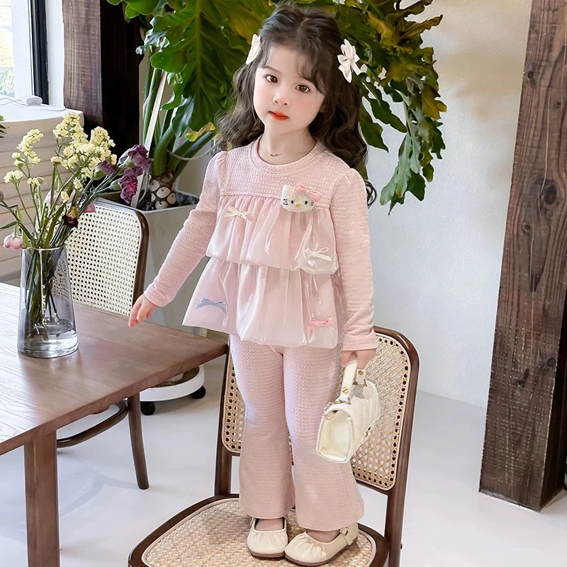 女童上衣猫玩偶网纱拼接蝴蝶结微喇喇叭裤套装2025春季新款童装