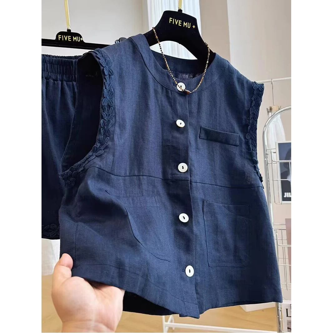 盐系时尚套装女拼接花边无袖亚麻背心上衣休闲阔腿短裤棉麻两件套