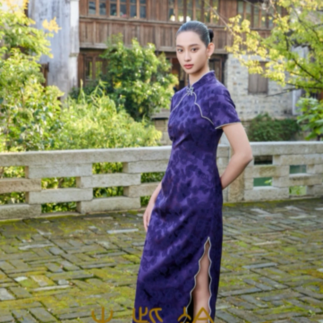 朱紫褕170152中国风旗袍修身气质显瘦紫色/三醋酸面料/两侧开叉