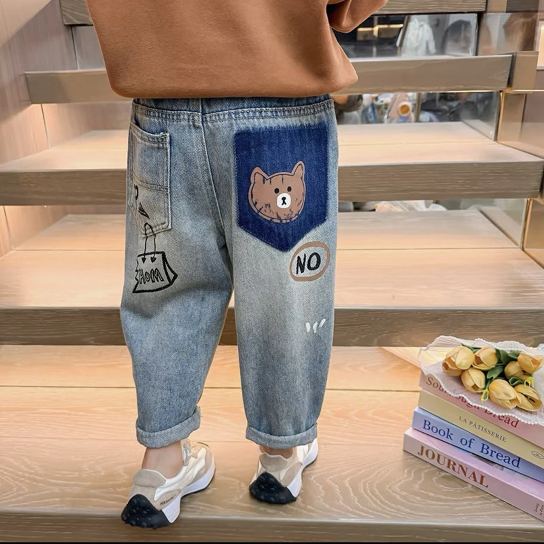 2025款春季新款百搭韩版宽松老爹裤（小熊印花）牛仔裤A8013