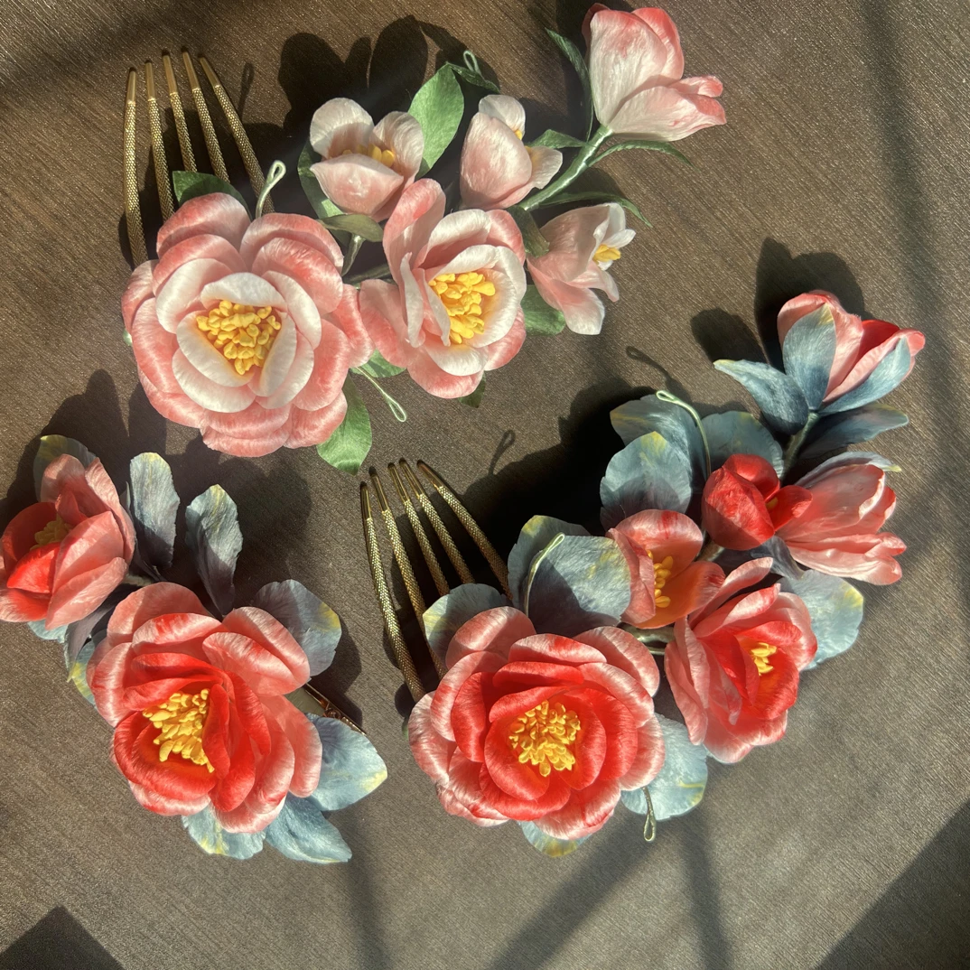 绒花（山茶花）适合日常佩戴，汉服头饰古风配饰！