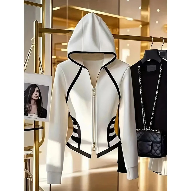 秋季黑白拼色拉链连帽卫衣2025新款小众设计感修身显瘦上衣外套