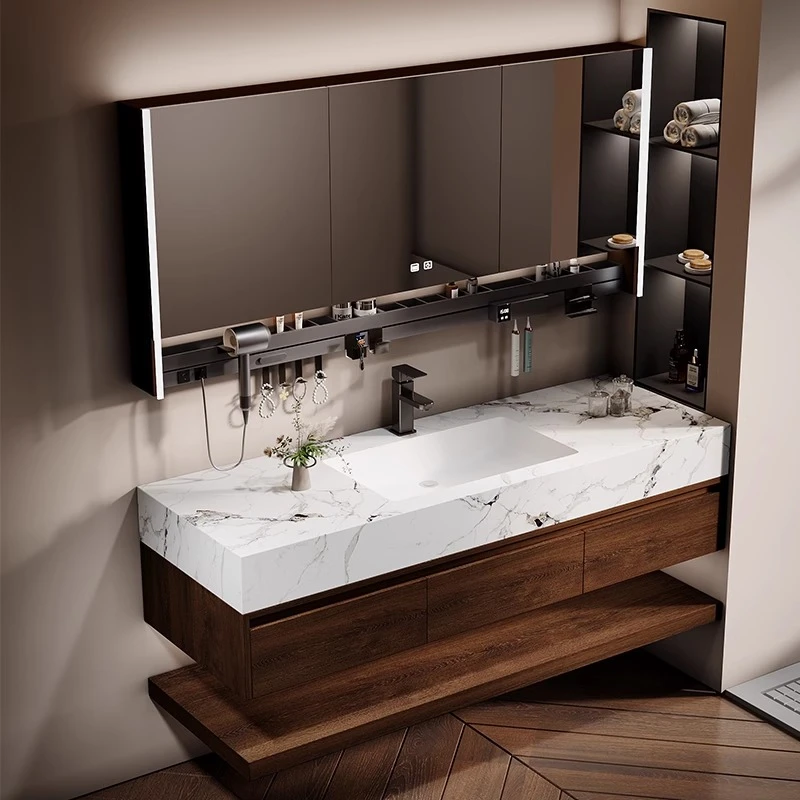 甜木百达翡丽岩板陶瓷无缝中古风一体盆浴室柜组合洗手盆洗脸盆柜