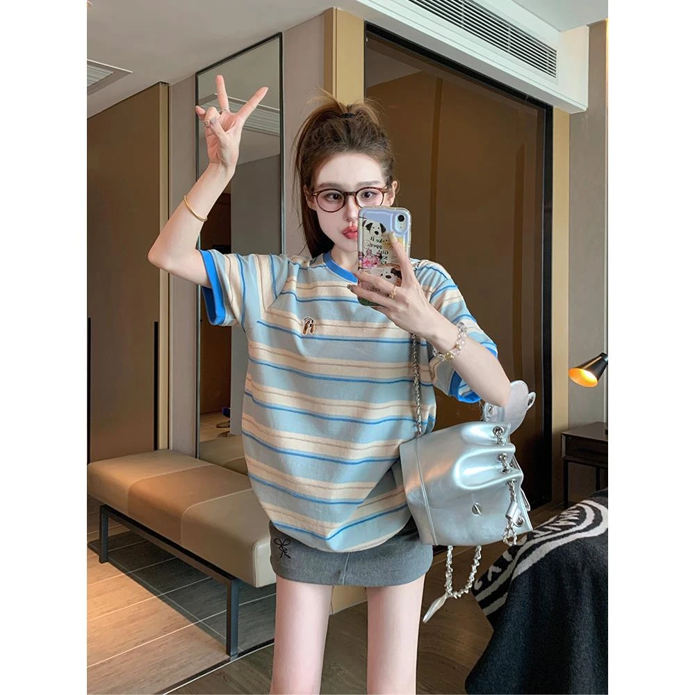 超大码300斤夏季美式蓝色条纹短袖t恤男装撞色别致设计感宽松上衣