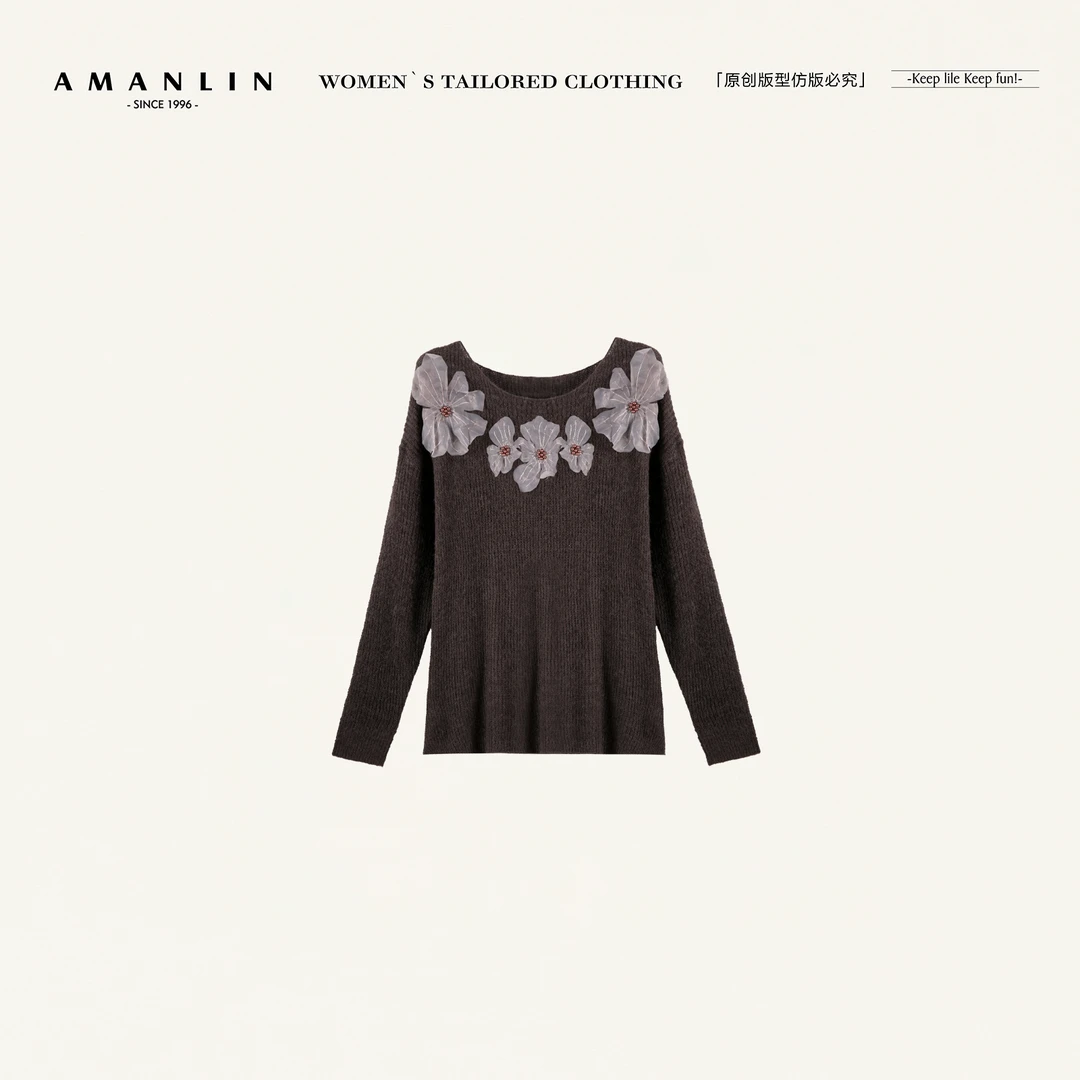 AMANLIN/阿谩琳琥珀流光韩系慵懒风宽松立体花朵衣女上衣Y599738