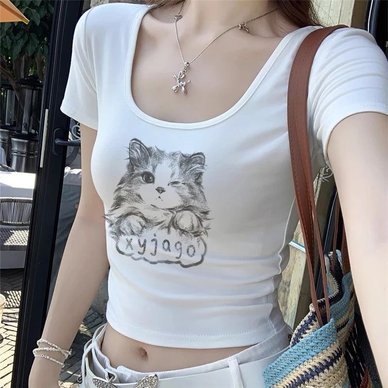 夏季短款t恤女正肩u领纯欲修身显身材小个子高腰显瘦短袖打底上衣