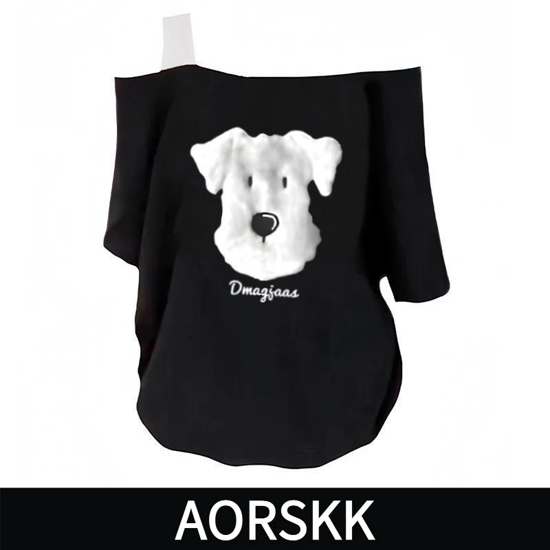 【AORSKK】新款单肩露肩吊带宽松短袖t恤女黑色甜辣斜肩百搭上衣