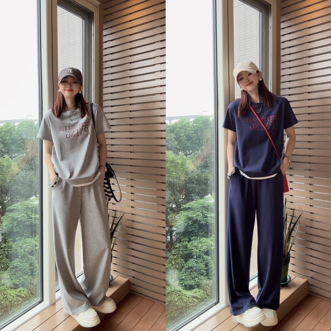 夏季新款冰氧棉轻薄透气凉爽假两件印花女士休闲套装JY778A/ZN