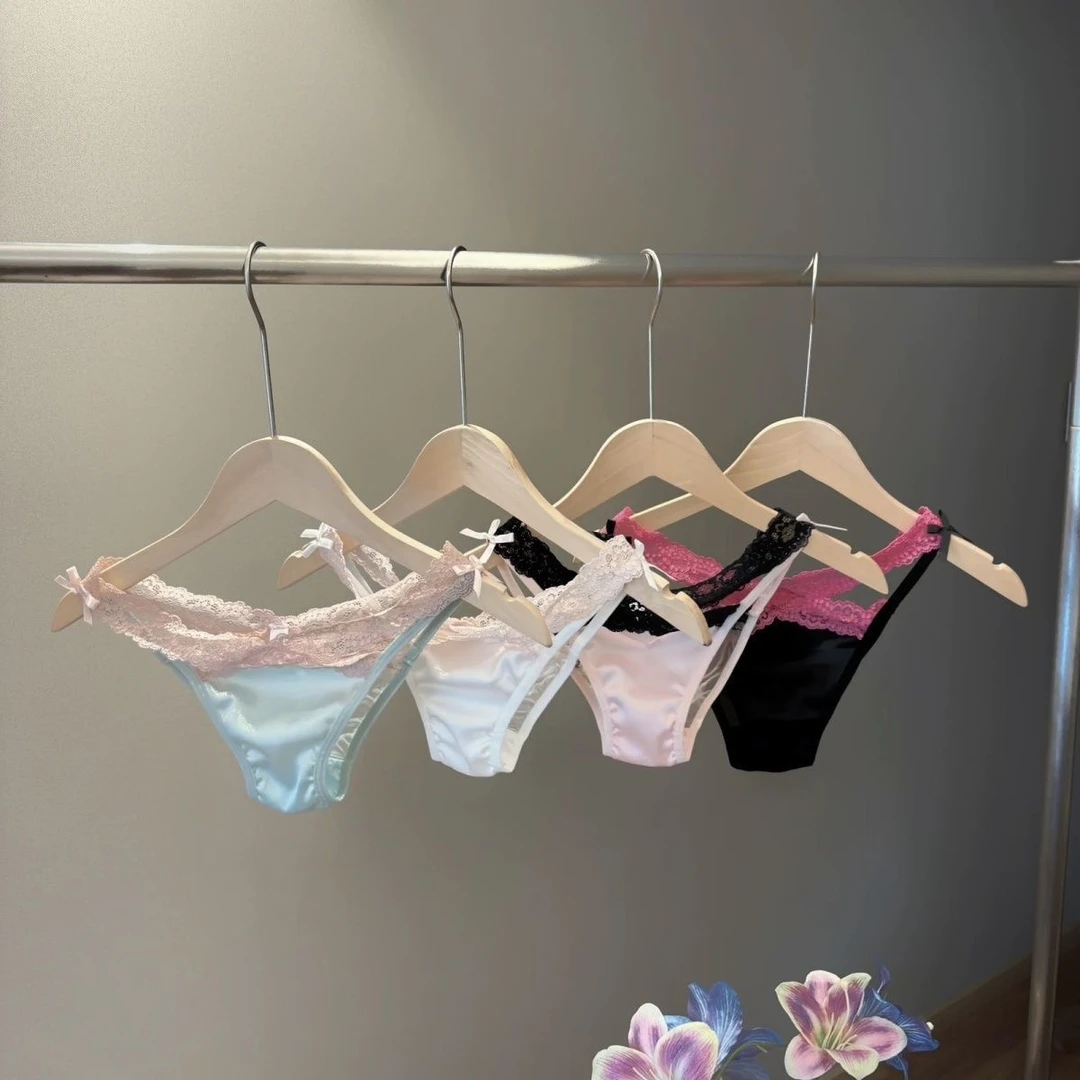 永远热辣*纯欲辣妹性感缎面蕾丝女士三角裤薄款无痕交叉镂空内裤