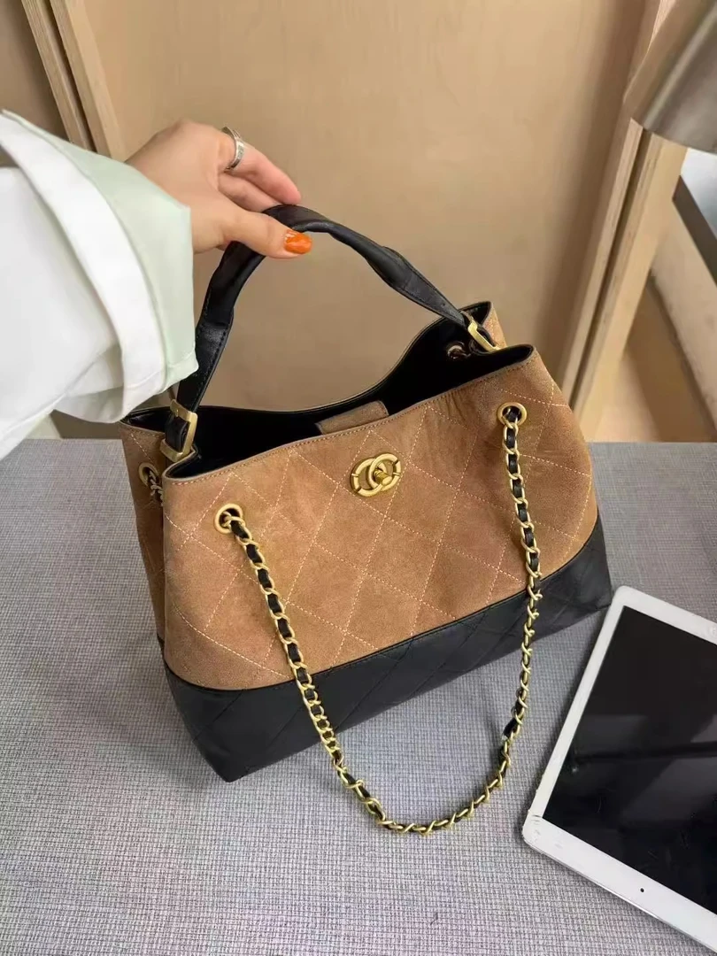 复古磨砂麂皮小香风托特包高级感真皮拼接大容量单肩腋下包斜挎包