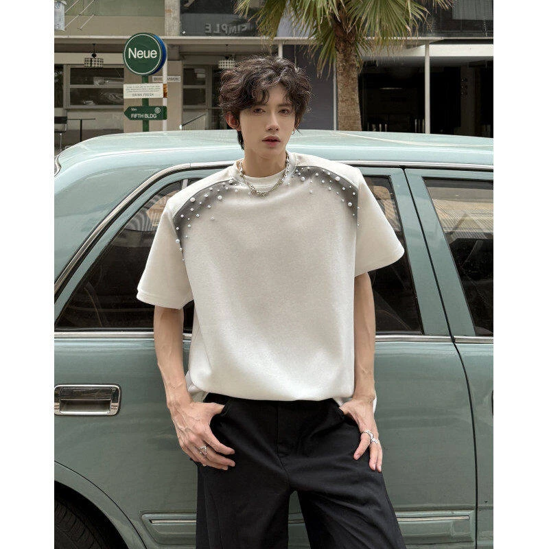 夏季美式炸街喷绘图案圆领短袖T恤男小众手工钉珠嘻哈半袖垫肩t恤
